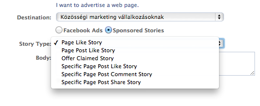 Sponzored story Facebook hirdetés beállítási lehetőségek Power Editorban