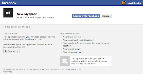 MySpace regisztráció Facebook alkalmazással