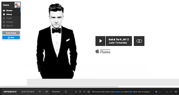 MySpace Nyitóképernyő Justin Timberlake fotójával és dalával