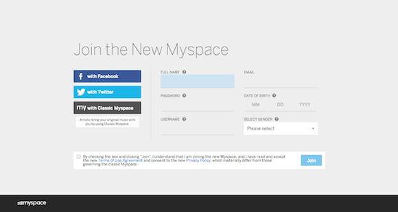 MySpace regisztráció Facebook és Twitter belépéssel