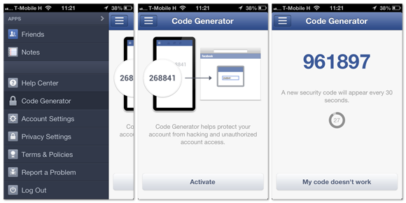 Kód generátor a Facebook mobil alkalmazásában. A bekapcsolás után 30 másodpercenként kapsz új kódot, ami akkor is frissül, ha nincs interneted.