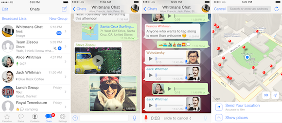 WhatsApp képernyők: üzentküldés telefonszám alapján, kép küldés, hangjegyzet, videó, fájl küldés és térkép.