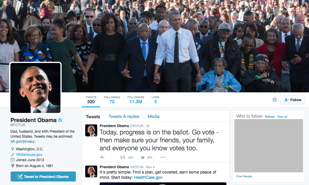 @POTUS: az Egyesült Államok Elnökének hivatalos Twitter fiókja. Hamarosan üres lesz.