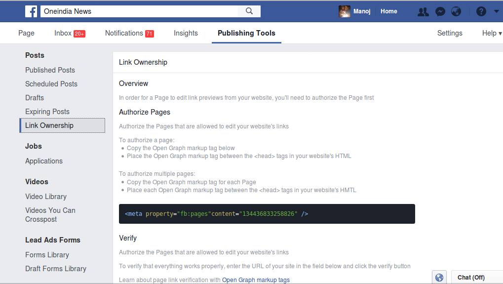 A Link Ownership eszközzel igazolhatják a kiadók, hogy a Facebook oldalukhoz melyik weboldalak tartoznak. 