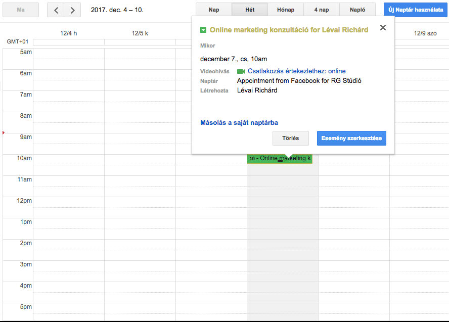 Ha összekapcsoltuk a Facebook oldalunkat a Google naptárunkkal, akkor megjelenik automatikusan az új időpont.